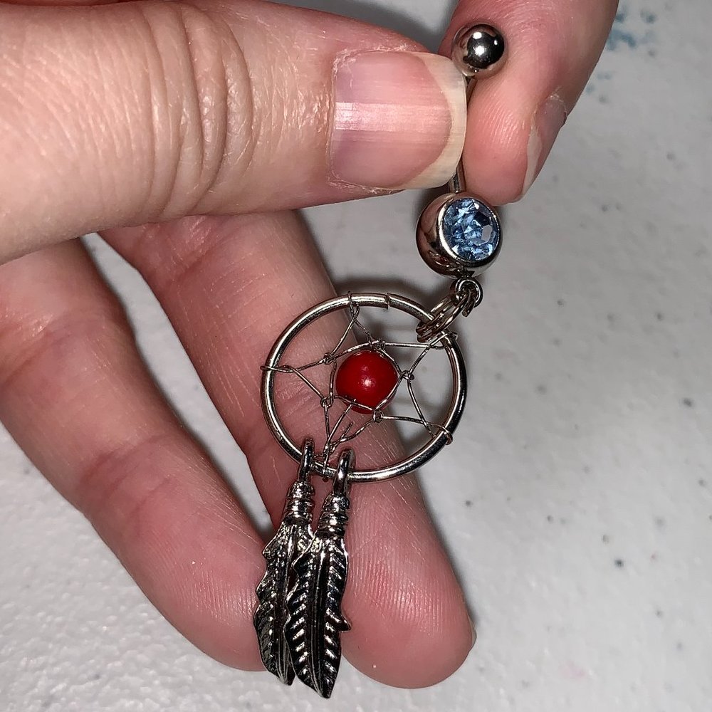 14 Gauge Dream Catcher Belly Ring, Light Blue Gem with dark red bead